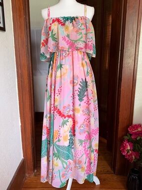 Entro Pink Floral Maxi Dress Ruffle Spaghetti Strap Tropical Beach Resort Sz M